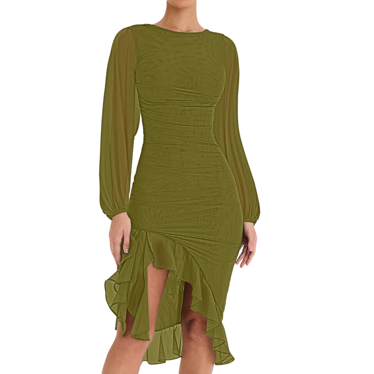 BamBam Women Long Sleeve Mesh See-Through Clipped Ruffle Dress - BamBam Clothing