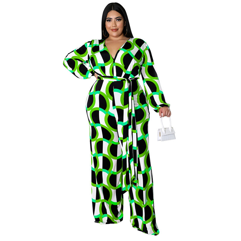 BamBam New Fashion Plus Size Women'S Fall Long Sleeve Print Casual Wide Leg Jumpsuit - BamBam Clothing