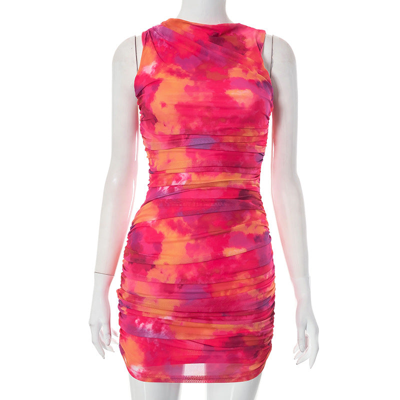 BamBam Women's Summer Round Sleeveless Tie Dye Mesh Dress - BamBam Clothing