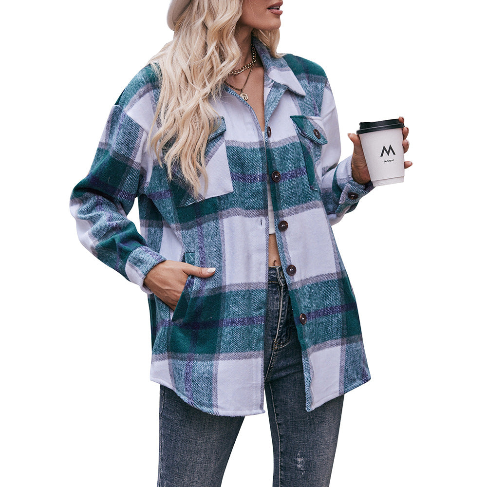 BamBam Women Casual Plaid Loose Pocket Shirt Jacket - BamBam