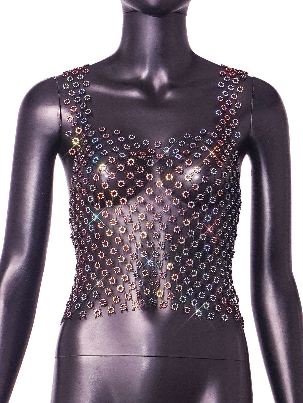 BamBam Women Sexy Hollow Plum Mesh Rhinestone Vest - BamBam