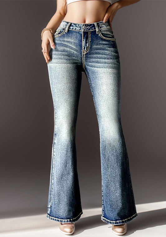 Women Vintage Stretch Pocket Embroidered Bell Bottom Denim Pants