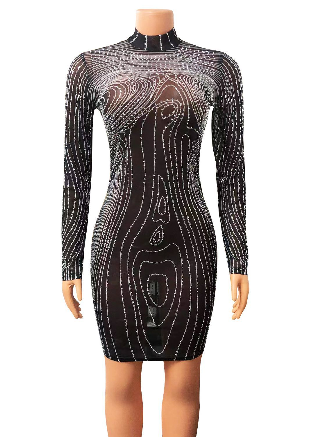 BamBam Summer Women's Sexy Tight Fitting Mesh Printed Beaded Dress For Women - BamBam Clothing Clothing