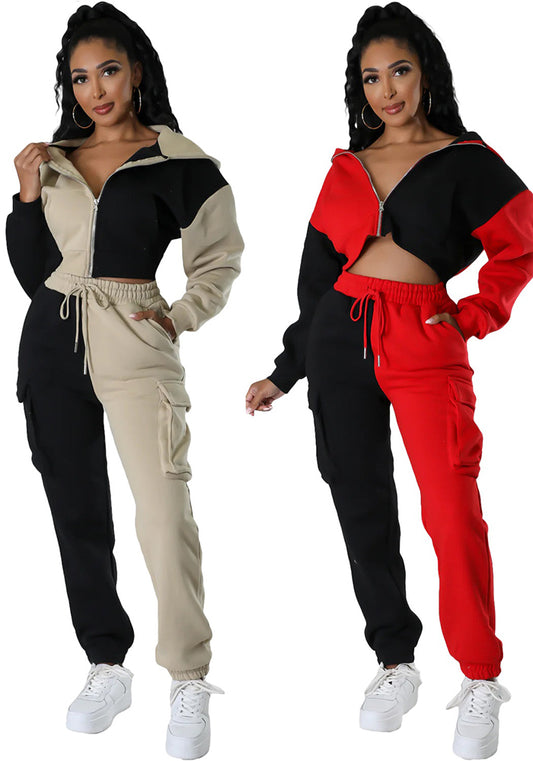 Women Colorblocked Velvet Pocket Hoodies and Pant Casual Sports Two-piece Set