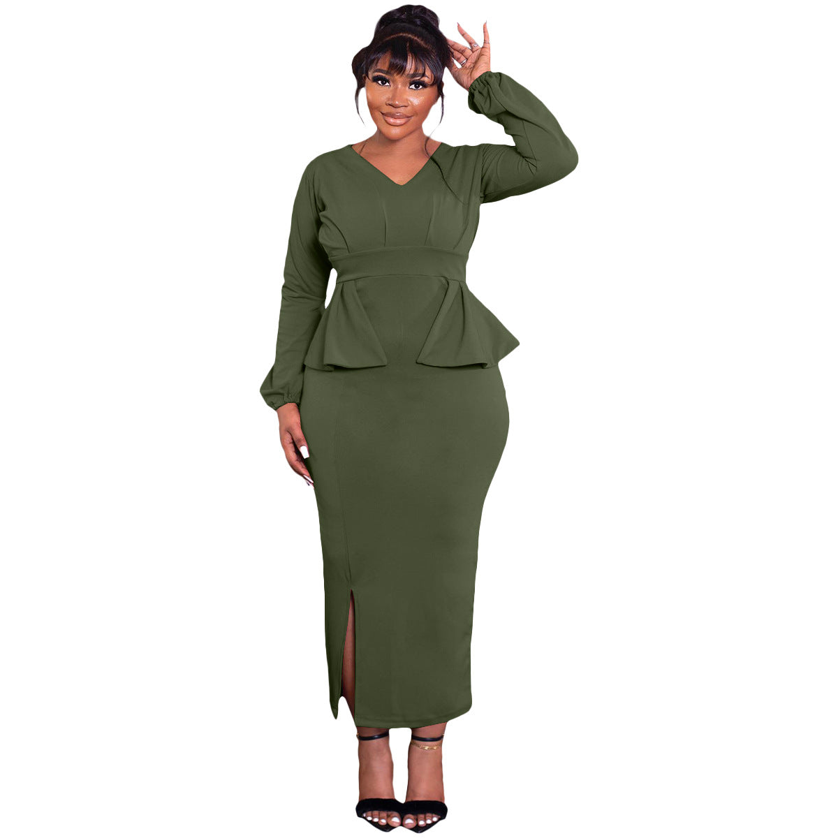 BamBam Women Long Sleeve V Neck Slit Dress - BamBam