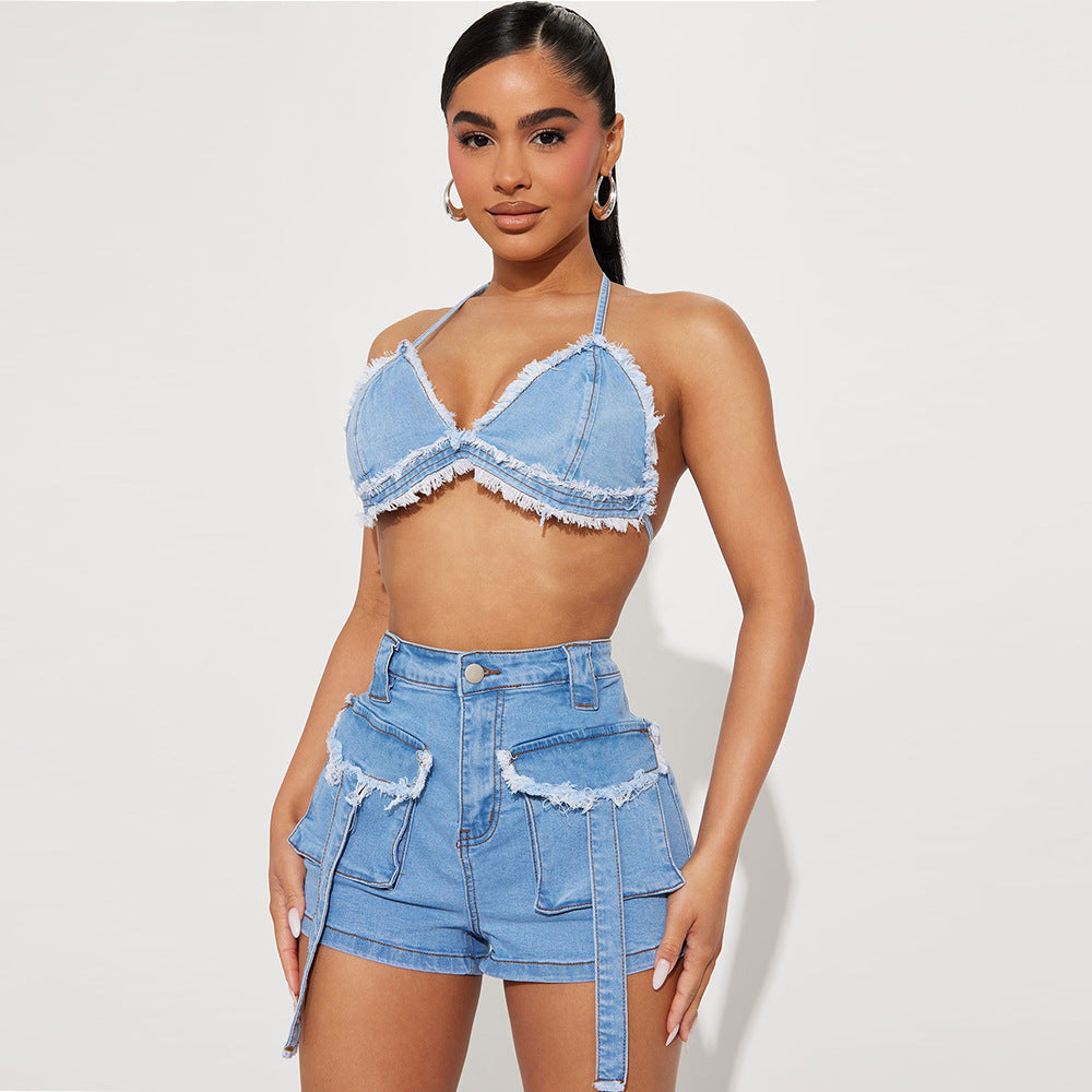 BamBam Women's Summer Sexy Fashion Cargo Pocket Shorts Wrapped Denim Bra Top Two Piece Set - BamBam