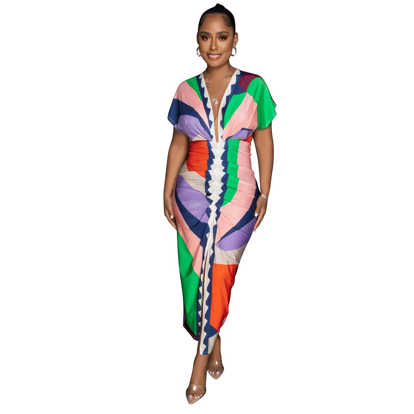 BamBam Women v-neck printed slit pleated dress - BamBam