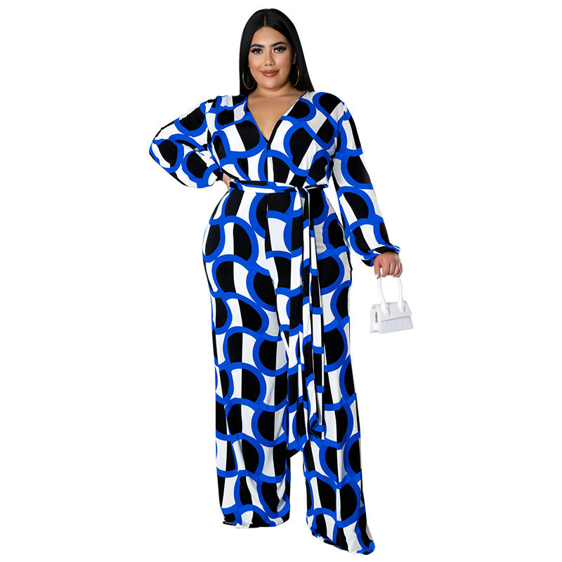 BamBam New Fashion Plus Size Women'S Fall Long Sleeve Print Casual Wide Leg Jumpsuit - BamBam Clothing