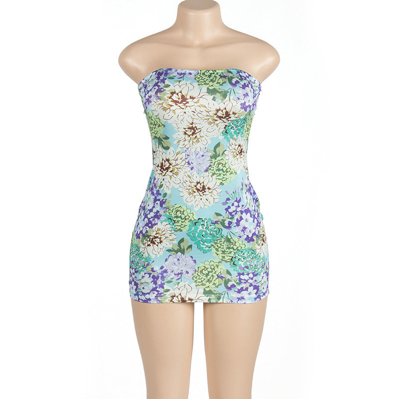 BamBam Summer Sleeveless Fashion Print Strapless High Waist Bodycon Dress - BamBam Clothing