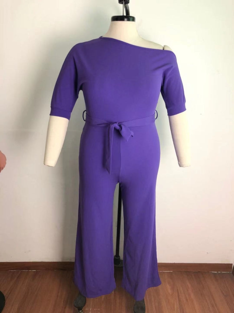 BamBam Summer Plus Size Purple Slash Shoulder Formal Jumpsuit - BamBam Clothing