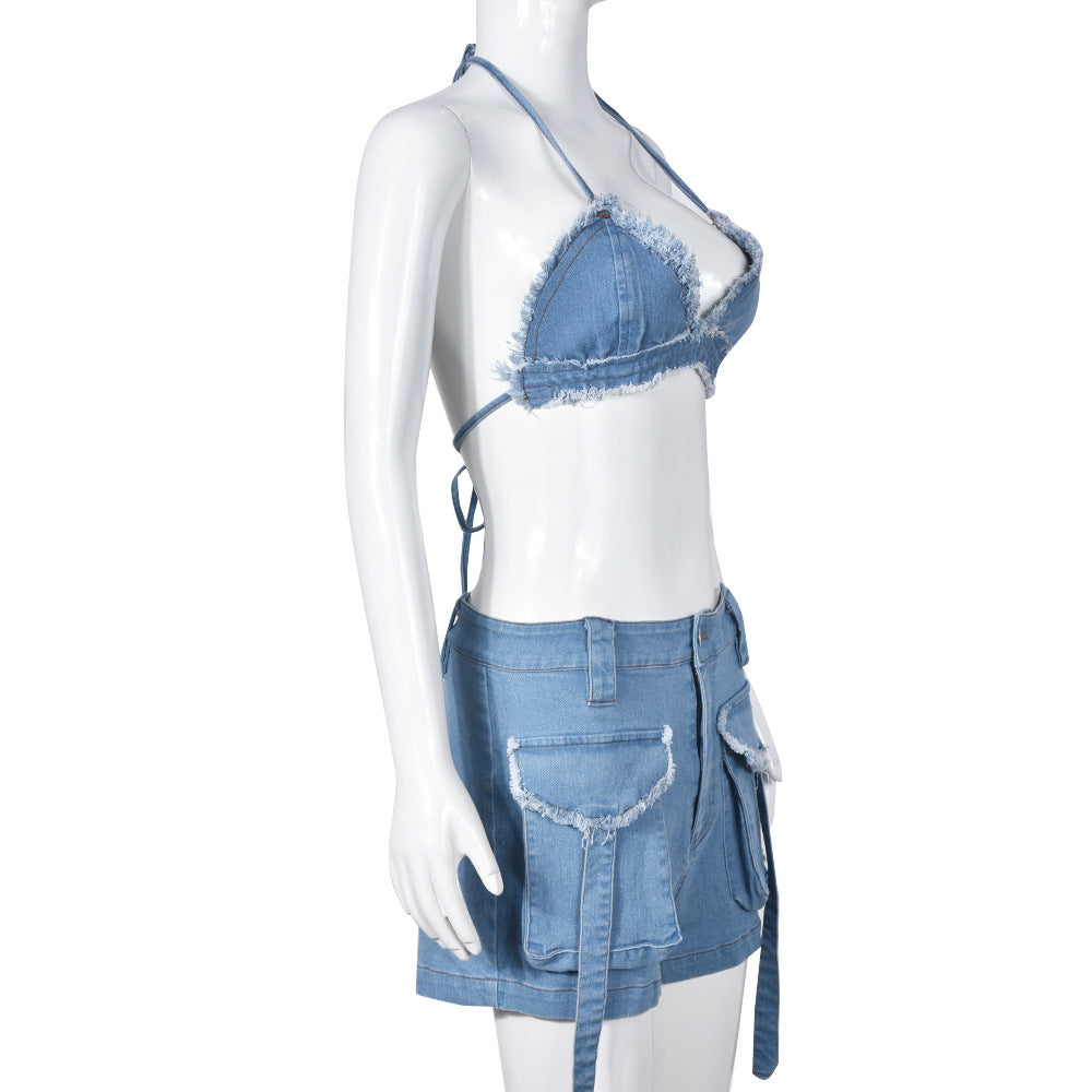 BamBam Women's Summer Sexy Fashion Cargo Pocket Shorts Wrapped Denim Bra Top Two Piece Set - BamBam