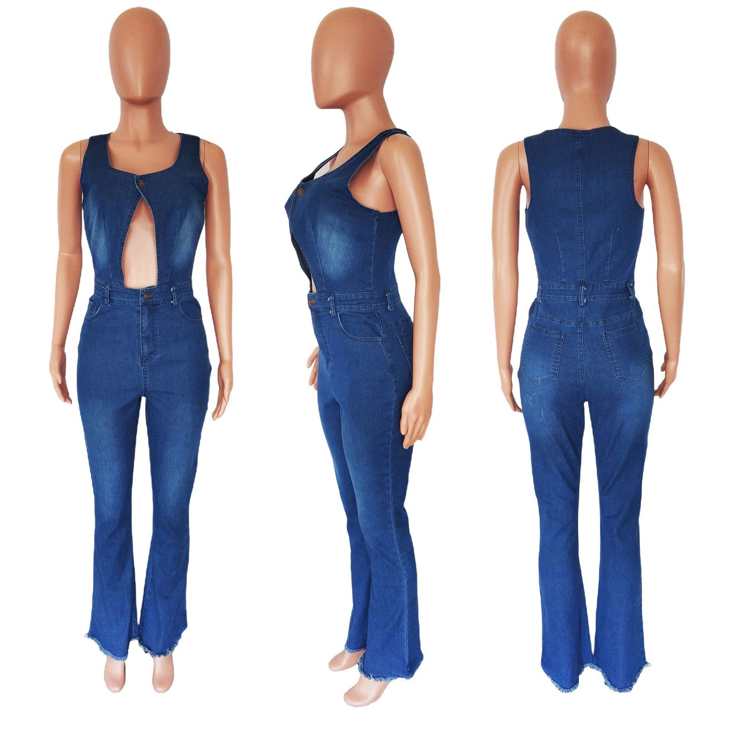 BamBam Sexy Fashion Slim Fit Sleeveless Hollow Out Denim Jumpsuit - BamBam Clothing