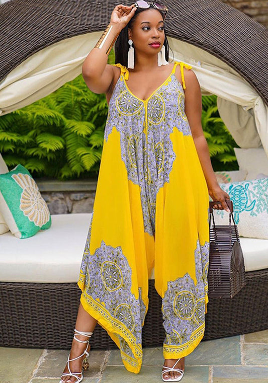 Women Summer Yellow Casual V-neck Sleeveless Floral Print Full Length Loose Plus Size Jumpsuit