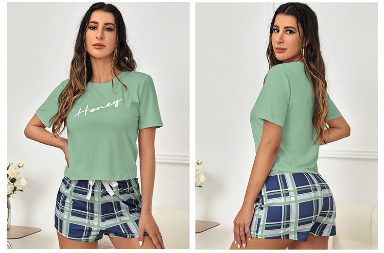BamBam Women Summer Loungewear Round Neck Printed Short Sleeve T-shirt and Plaid Shorts Two-piece Set - BamBam