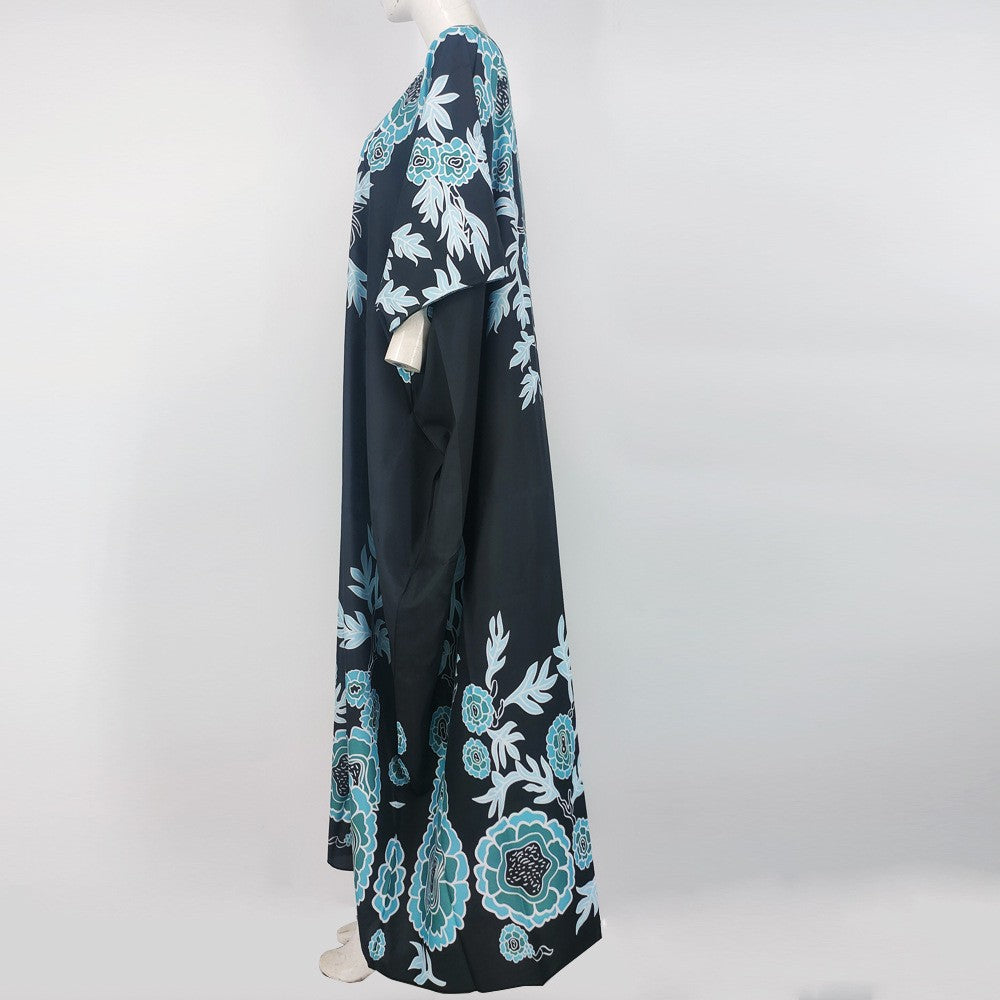 BamBam Women Vintage Ethnic Muslim Round Neck Bat Sleeves Printed Gown - BamBam