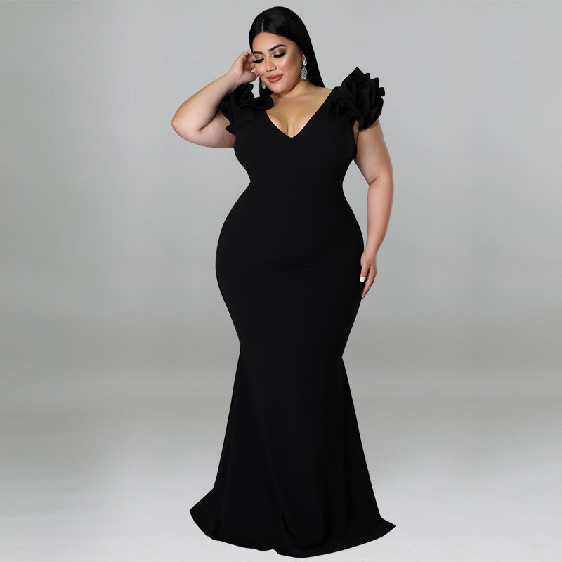 BamBam Plus Size Women Summer Ruffle Sleeve Bodycon Dress - BamBam