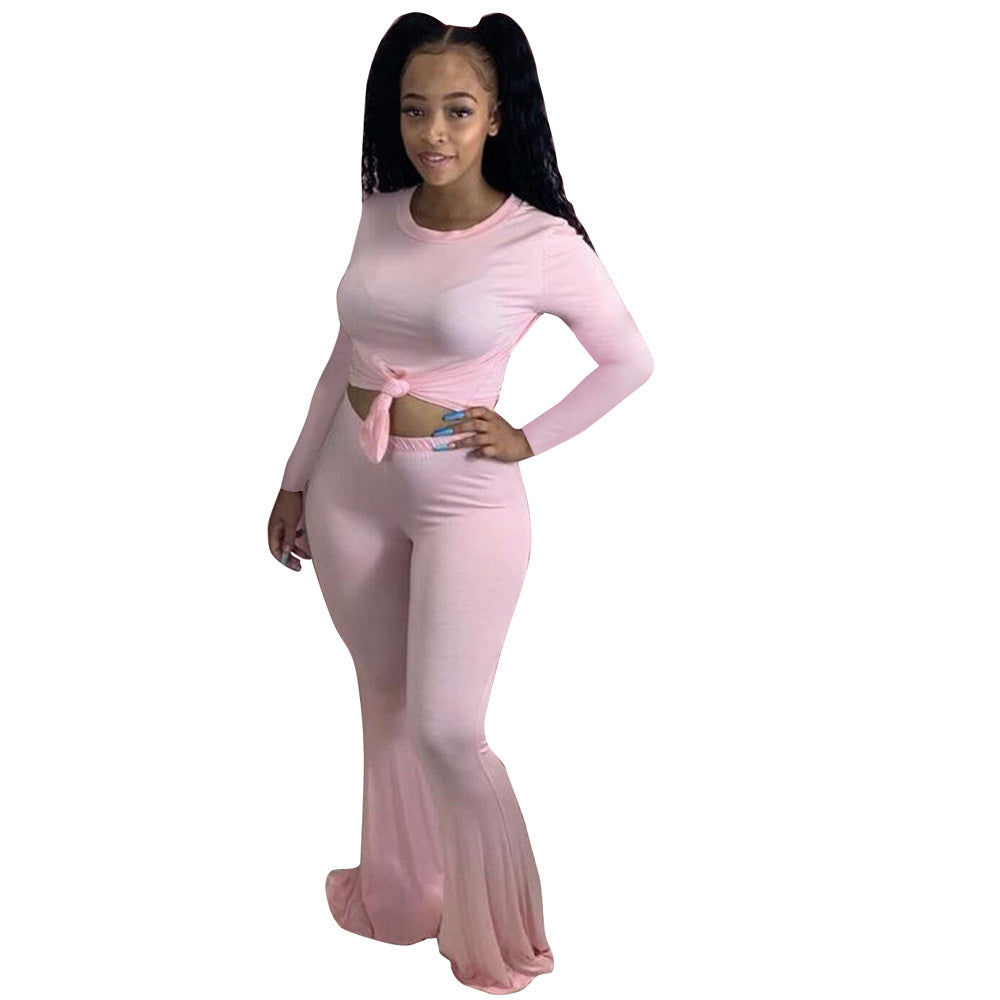 BamBam Women's Solid Color Tight Fitting Long Sleeve Bell Bottom Two Piece Pants Set - BamBam