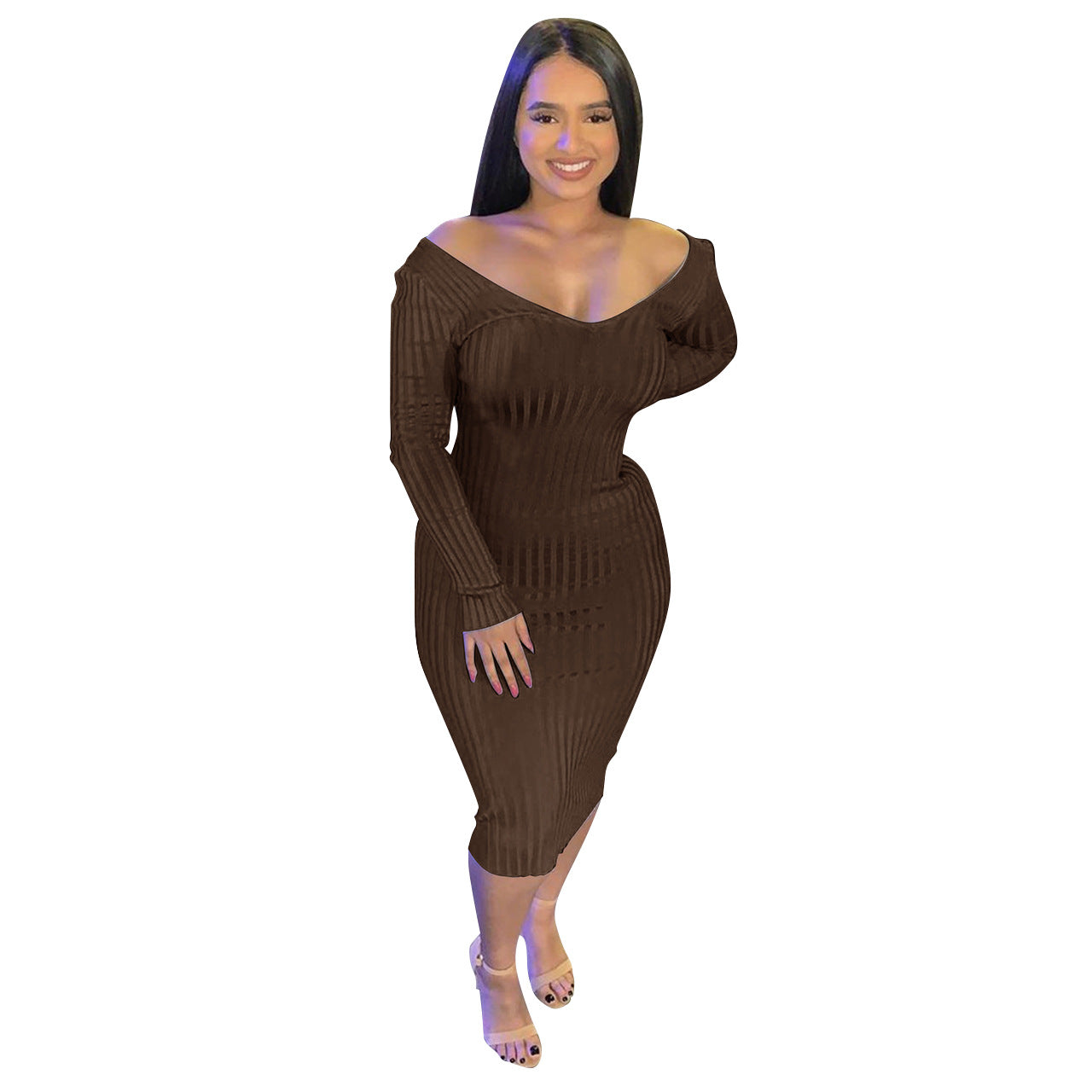 BamBam V-Neck Off-Shoulder Ribbed Slim Sexy Dress - BamBam Clothing