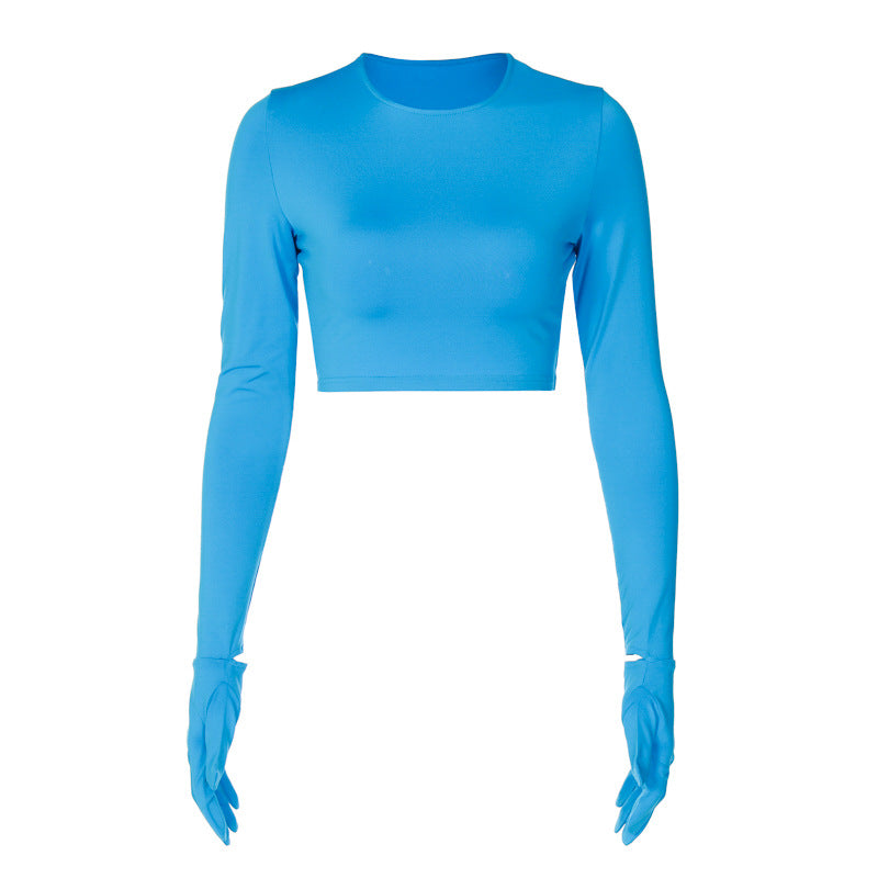 BamBam Women Summer Solid Round Neck Long Sleeve Glove Crop T-Shirt - BamBam