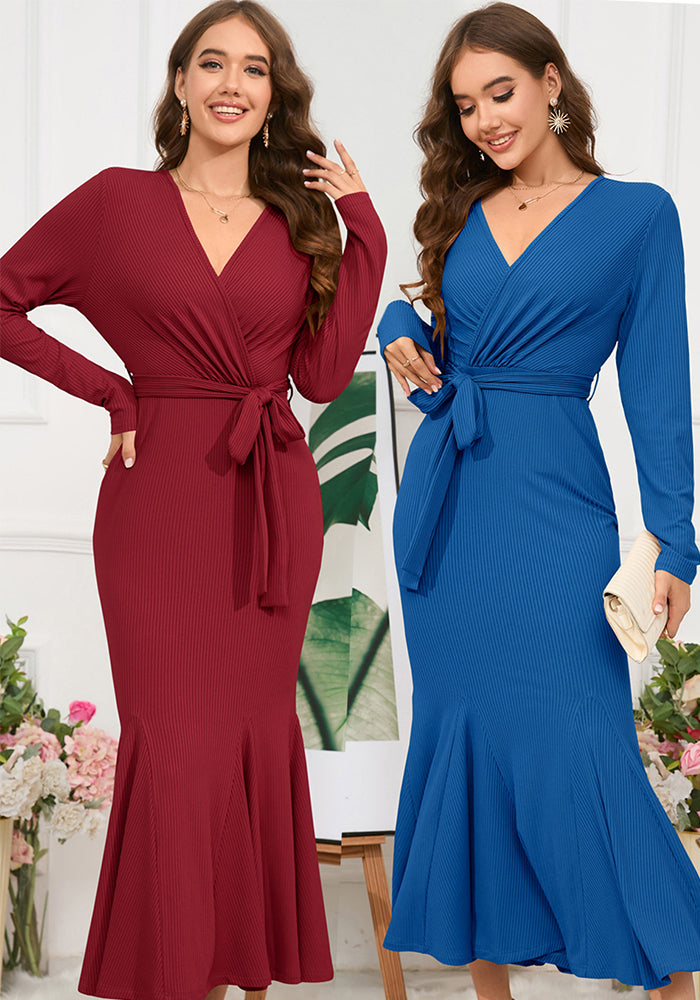 Plus Size Women V Neck Long Sleeve Fishtail Dress