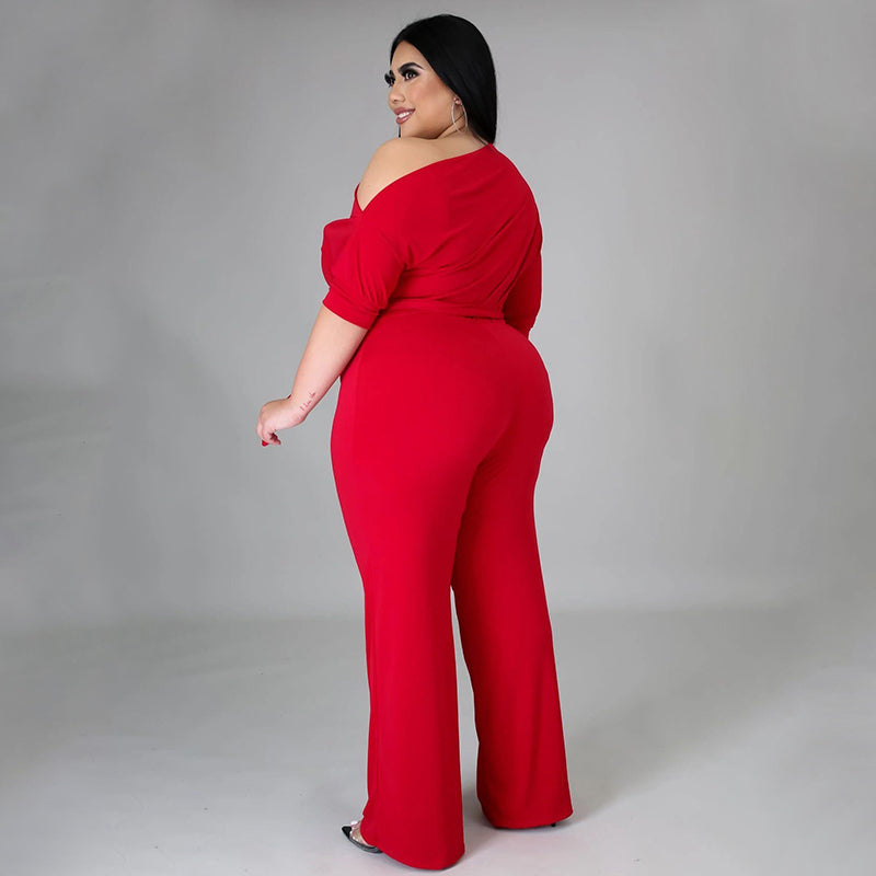 BamBam Plus Size Solid Plain Slash Shoulder Formal Jumpsuit - BamBam Clothing