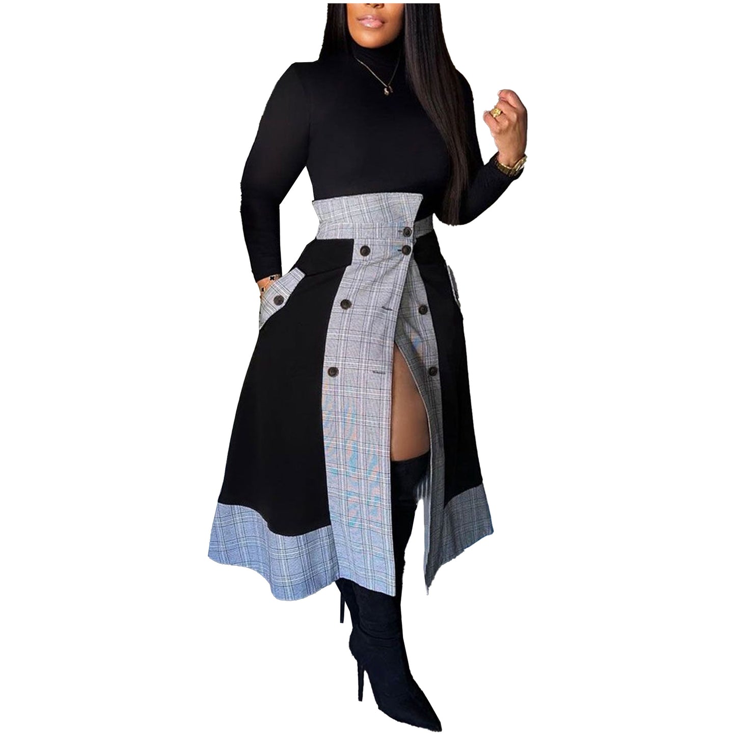 BamBam Slim-Fitting Long-Sleeved Turtleneck Plaid Slit Two-Piece Midi Skirt Set - BamBam