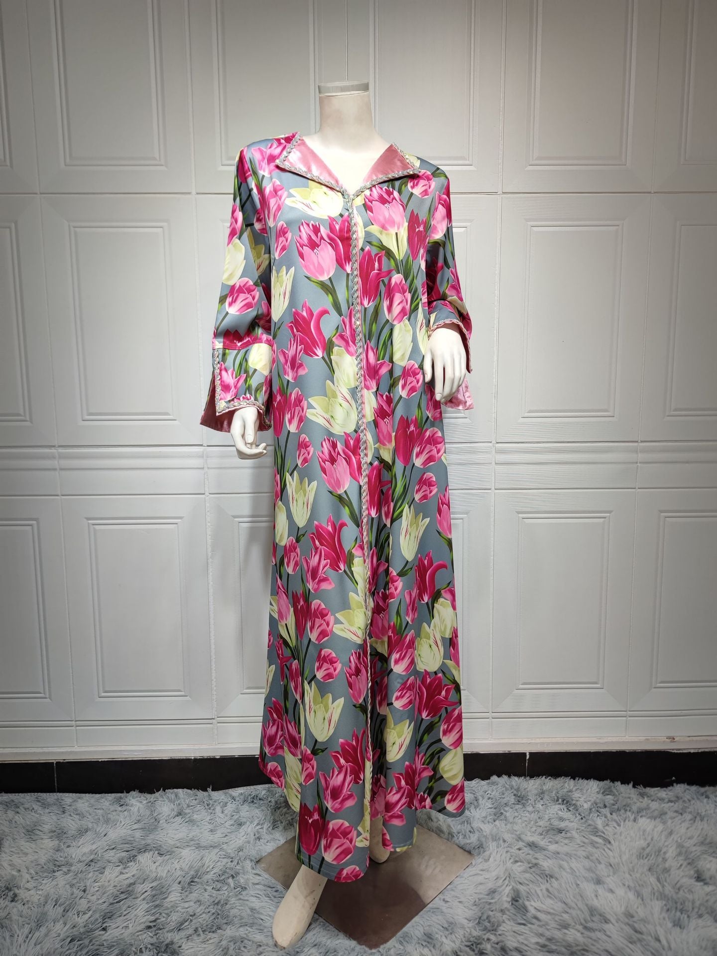 BamBam Fashion Tulip Print Dress Muslim Robe Abaya Sweet Chic Women's Clothing - BamBam