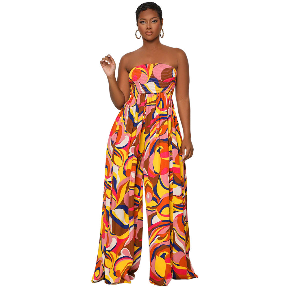 BamBam Casual Printed Low Back Strapless Loose Ladies Summer High Waist Women's Floral Jumpsuit - BamBam Clothing