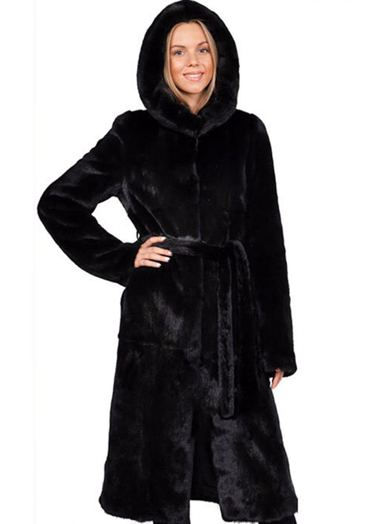 Faux Fur Coat Women's Maxi Black Belted Warm Jacket