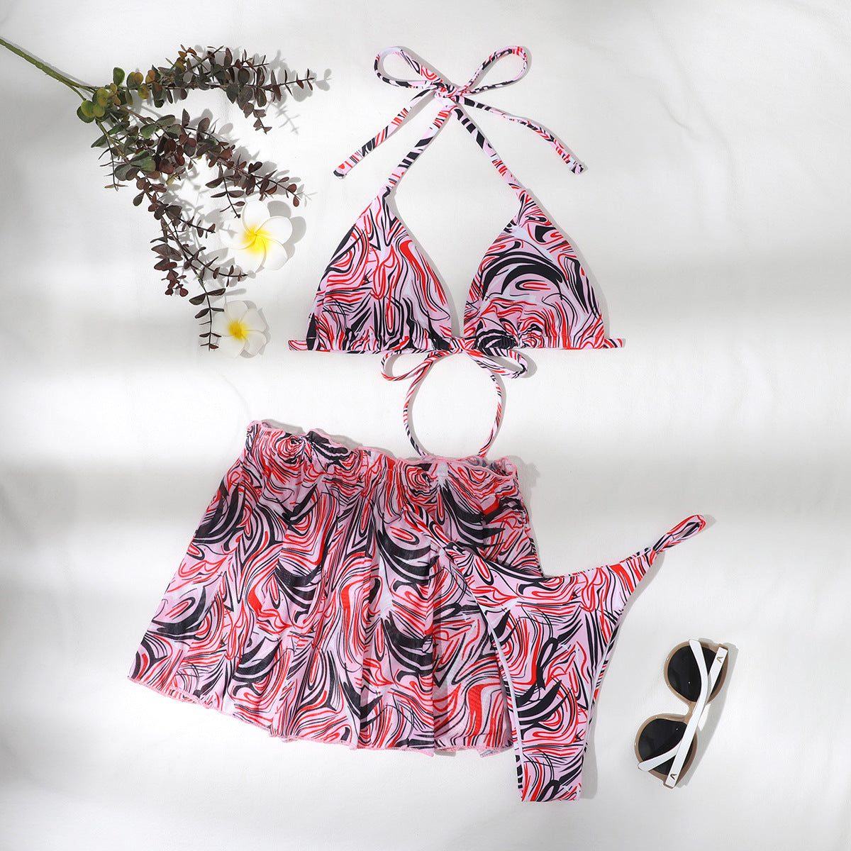 BamBam Women Irregular Printed Skirt Swimwear Three-Piece - BamBam