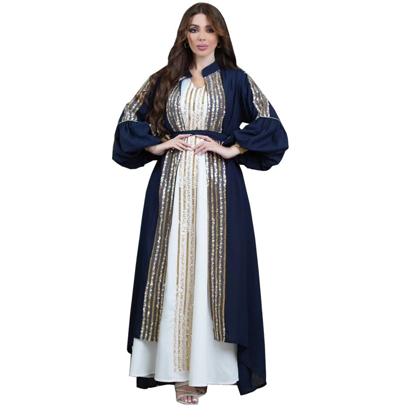 BamBam Muslim Fashion Ladies Sequin Embroidered Two-Piece Puff Sleeve Robe Dress - BamBam