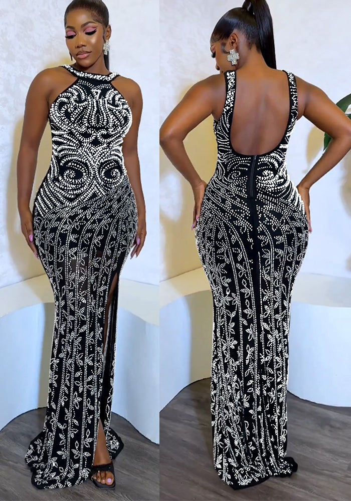 Women Solid Beaded Slit Backless Dress