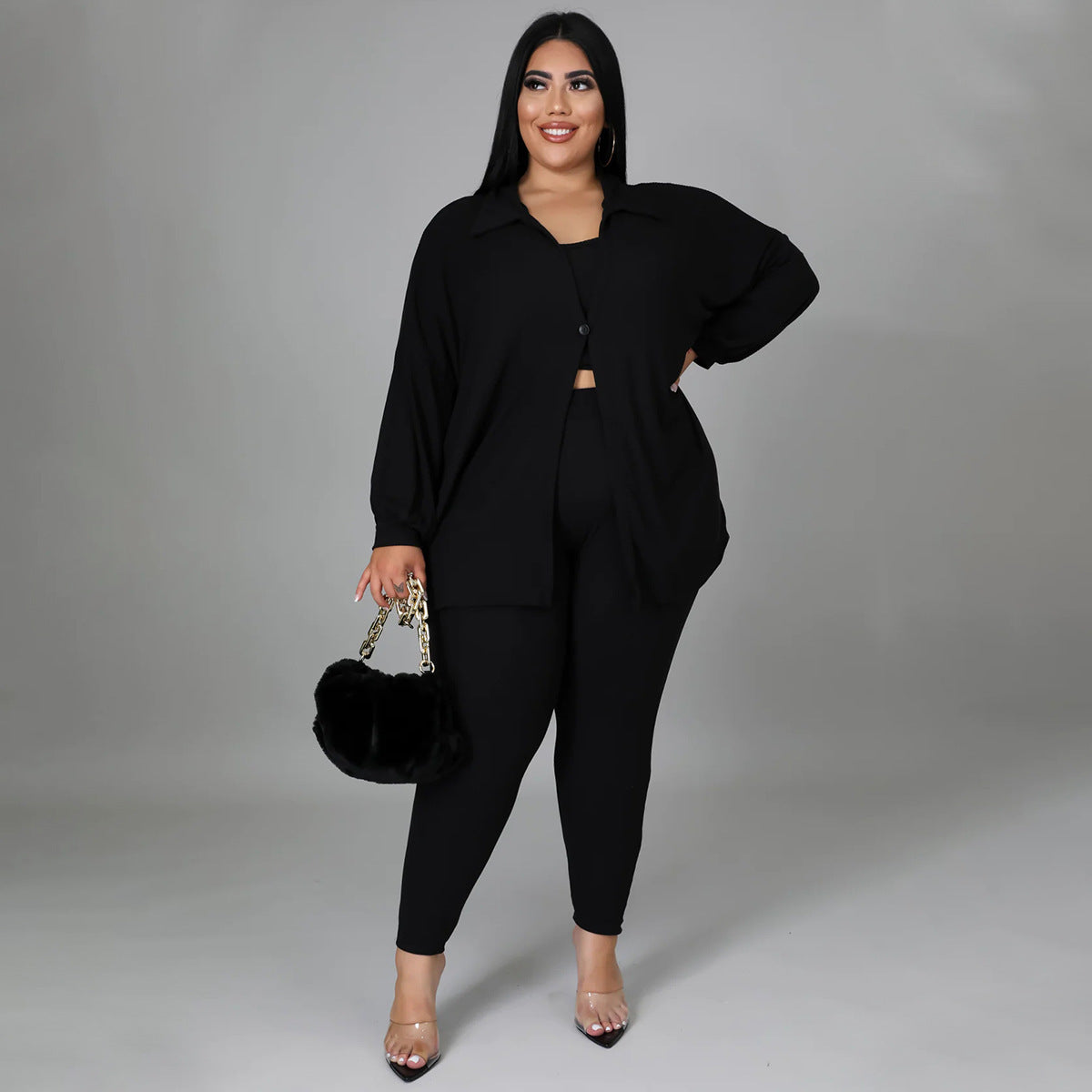 BamBam Plus Size Women Ribbed Solid Color Three-Piece Casual Sexy Pants Set - BamBam