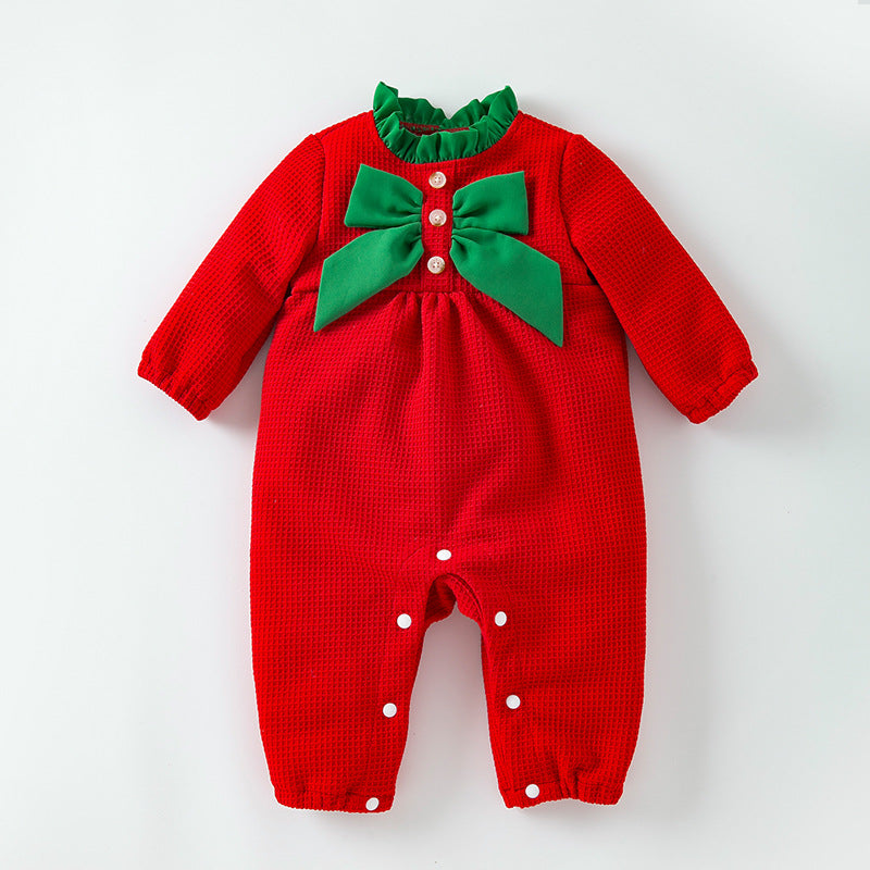 BamBam Autumn And Winter Christmas Baby Jumpsuit Fashion Trendy Bow Red And Green Long Sleeve Jumpsuit - BamBam