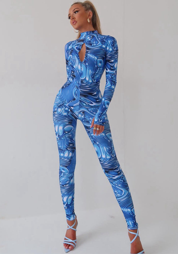 Women Hollow Long Sleeve Backless Printed Jumpsuit