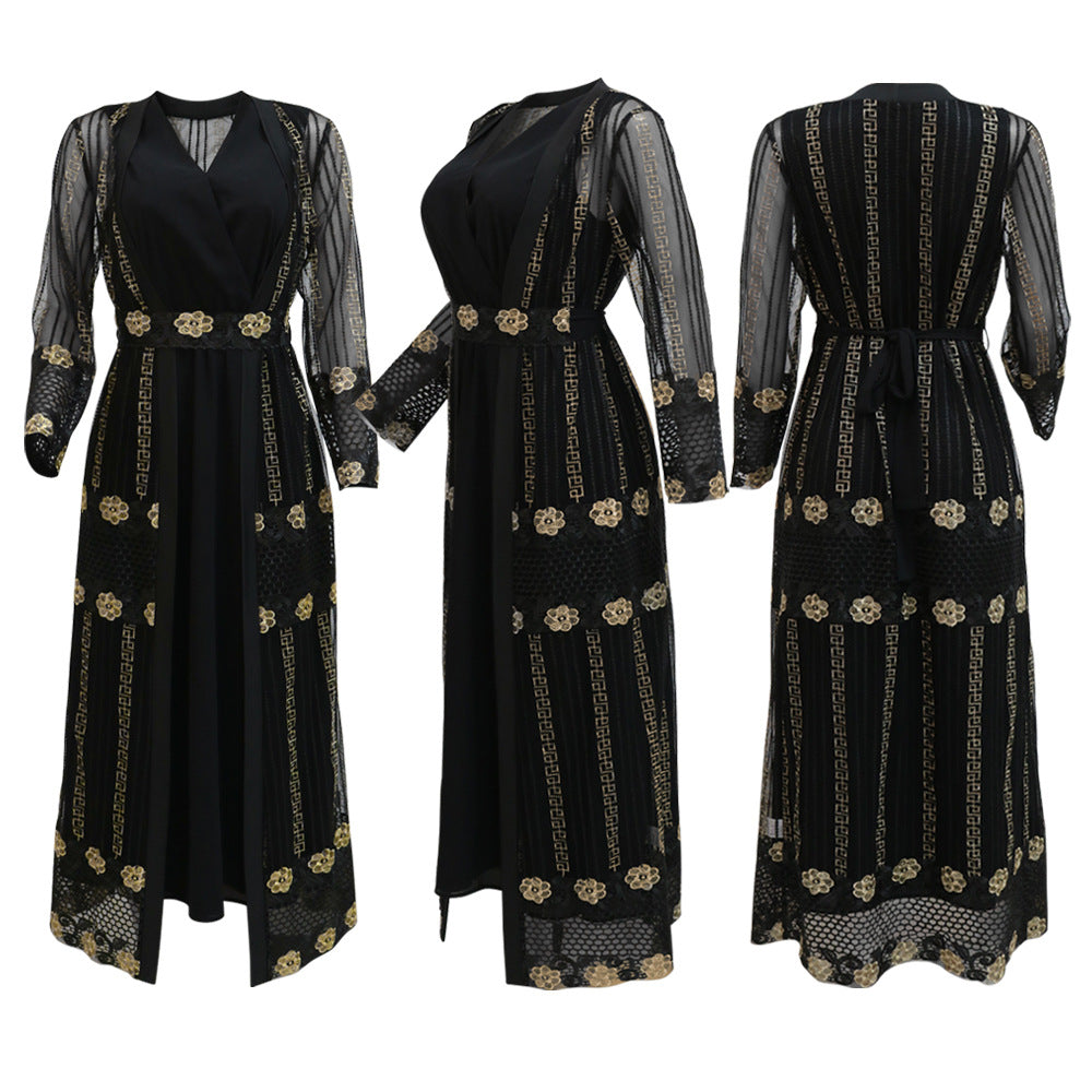 BamBam Embroidered mesh jacket with chiffon sundress suit kaftan dress - BamBam