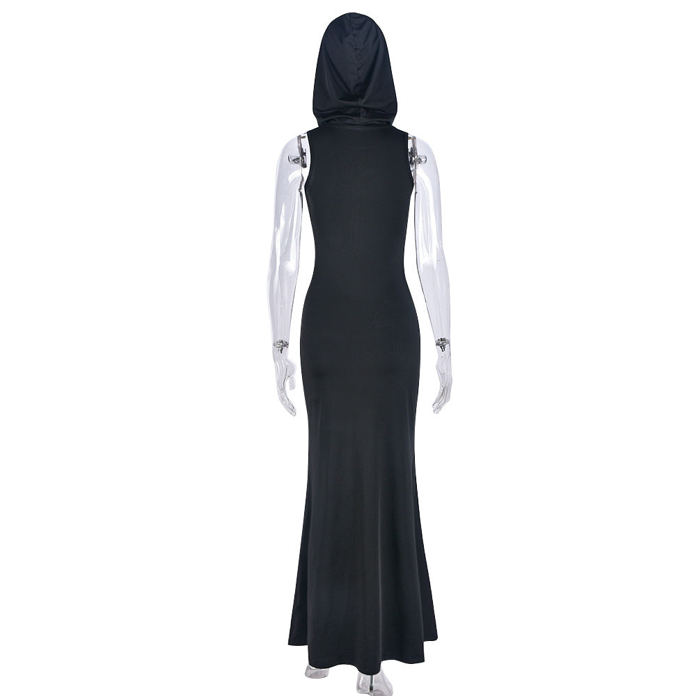 BamBam Women Cross Hot Rhinestone Style Hooded Sleeveless Maxi Dress - BamBam