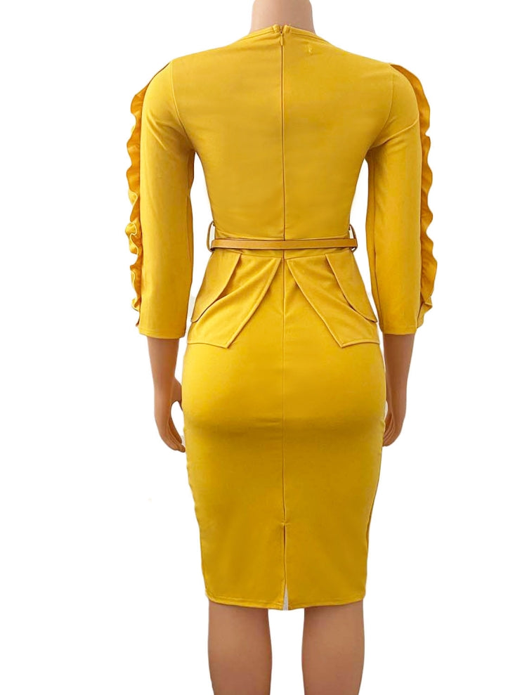 BamBam Spring African Yellow Round Neck Three Quarter Sleeve Ruffles With Belt Office Dress - BamBam