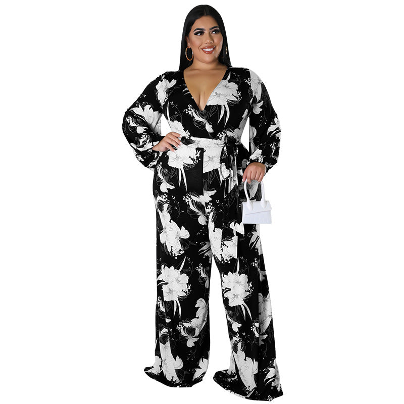 BamBam Plus Size Women Fall Print V-Neck Off Shoulder Jumpsuit - BamBam Clothing