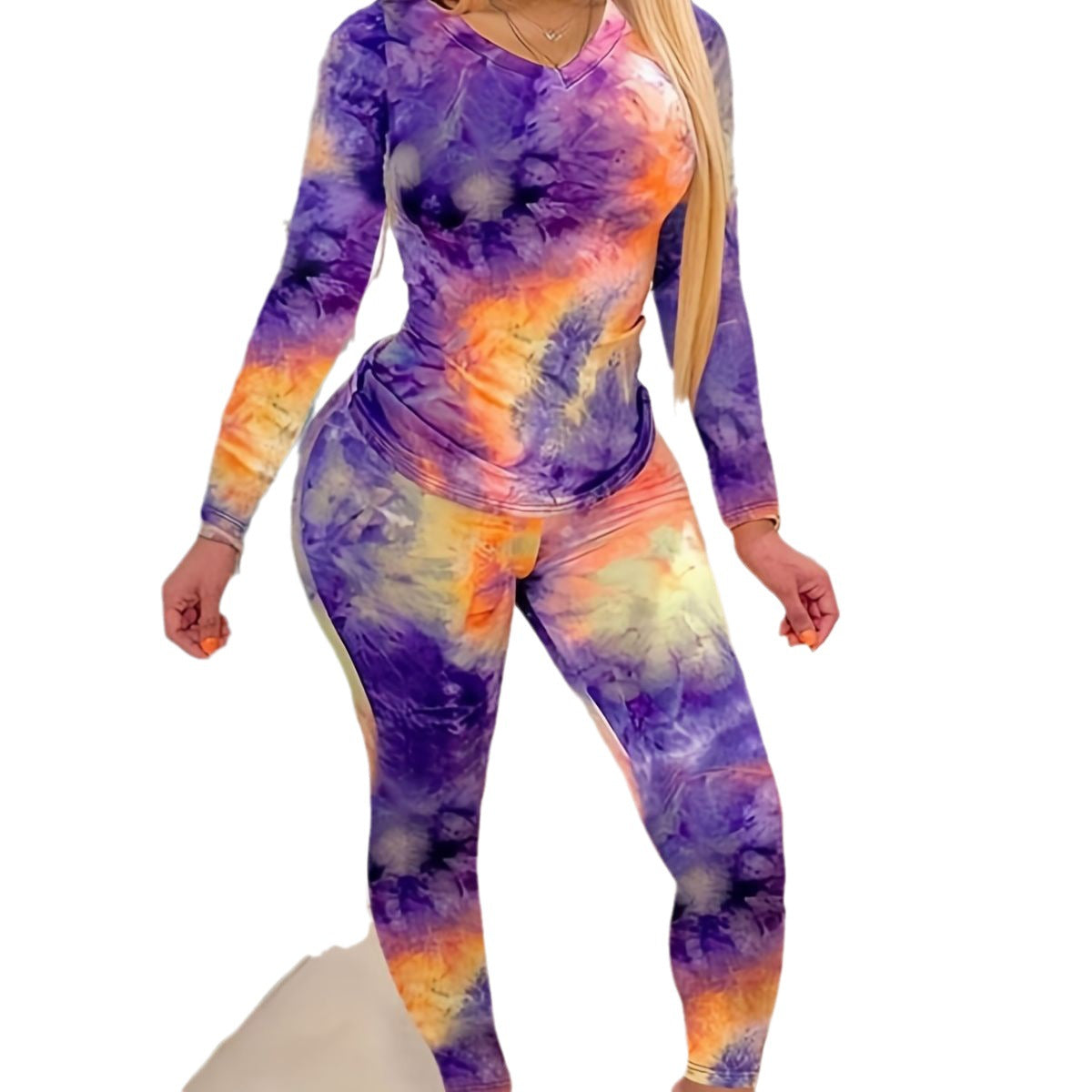 BamBam Women's Autumn And Winter Tie Dye Long Sleeve Plus Size Two Piece Pants Set - BamBam