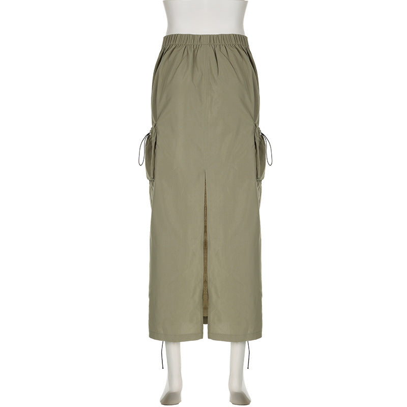 BamBam Women Lace-Up Contrast Pocket Patchwork Cargo Skirt - BamBam