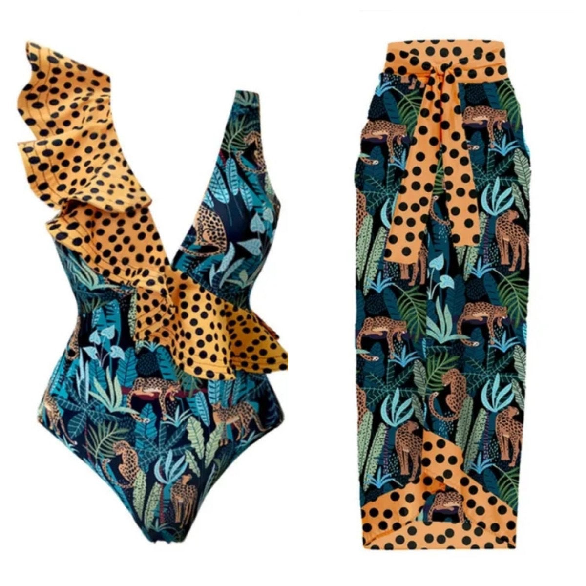 BamBam Ruffled V-Neck Sexy Leopard Print Printed One-Piece Swimsuit Skirt Two-Piece Set For Women - BamBam