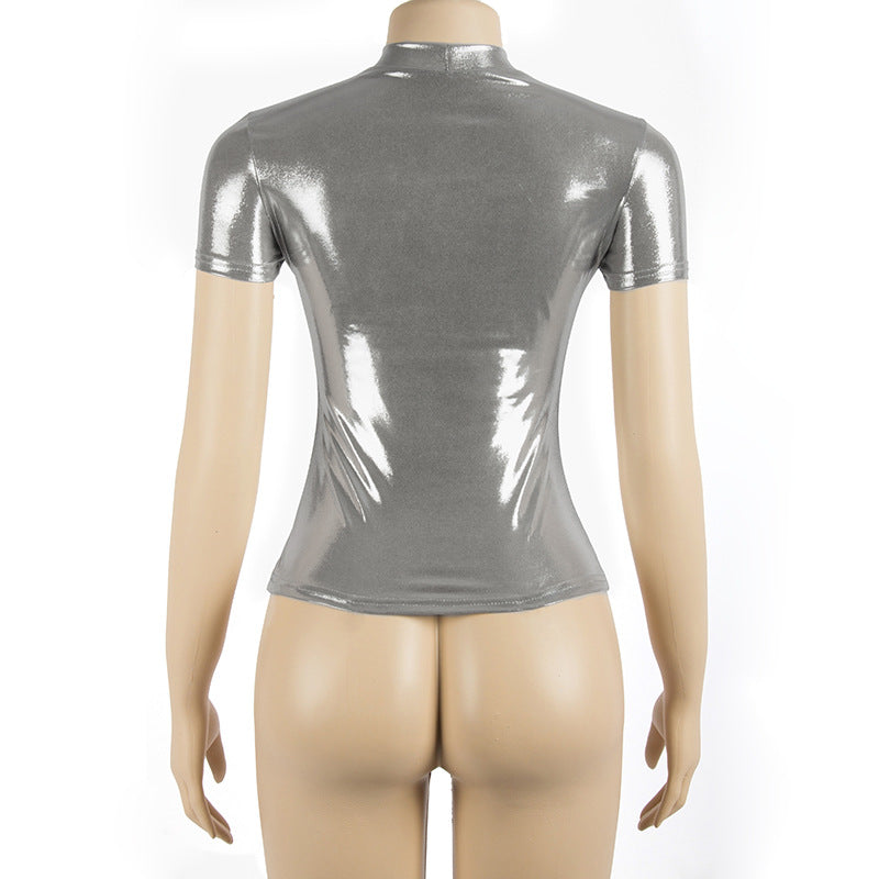 BamBam Silver glossy Round Neck short-sleeved Slim Fit sexy Crop T-shirt top - BamBam