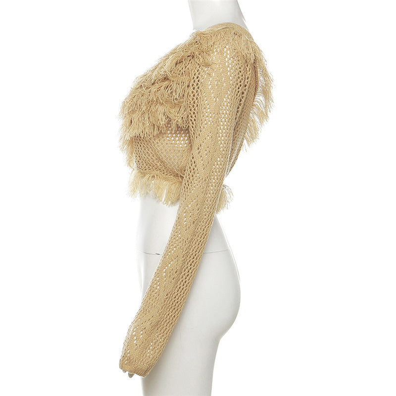 BamBam Autumn Women's Sexy Knitting Solid Color Tassel Slim Fit One-Shoulder Sweater - BamBam