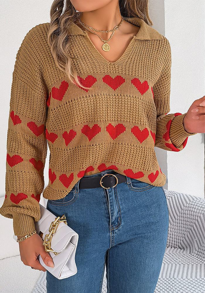 Women Fall/Winter Casual V-neck Balloon Sleeve Heart Print Sweater