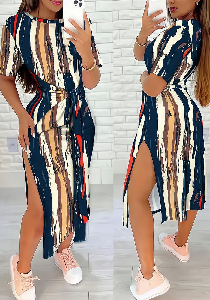 Summer Round Neck Geometric Print Bodycon Dress Women's