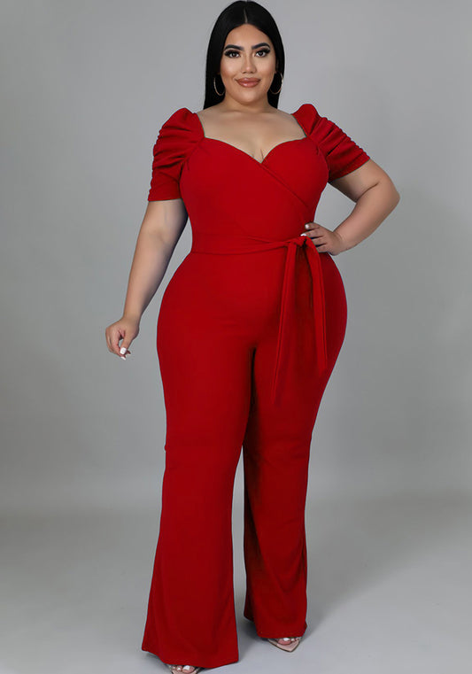 Women Summer Red Formal Sweetheart Neck Short Sleeves Solid Belted Full Length Regular Plus Size Jumpsuit