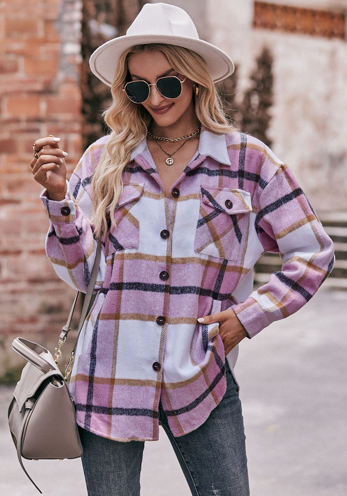 Women Casual Plaid Loose Pocket Shirt Jacket