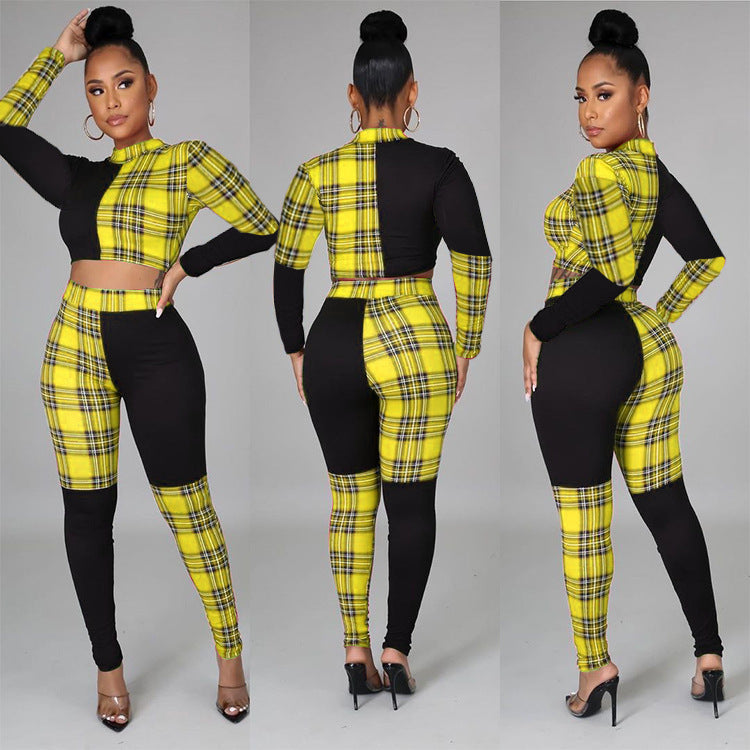 BamBam Women Sexy Plaid Color Block Top and Pant Two-piece Set - BamBam