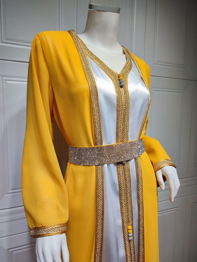 BamBam Women Spring Yellow Tape Belted Islamic Clothing Kaftan Abaya Muslim Dress two piece set - BamBam